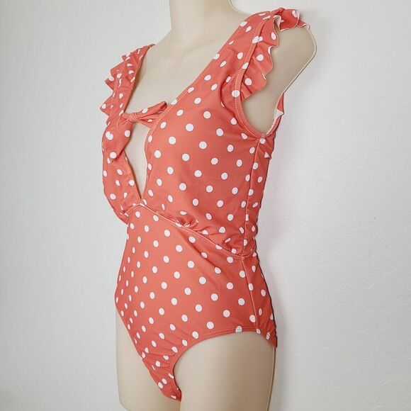 NEW Marina West Swimsuit M Coral Orange Polka Dot Deep V Ruffle Sleeve One Piece - Picture 4 of 8